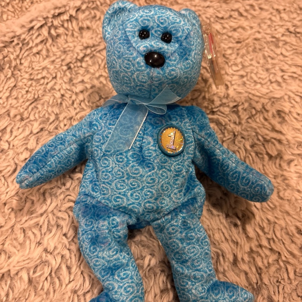 Ty Beanie Baby‎ Classy Bear Unisex Small Blue Excellent 1st Anniversary Swirls